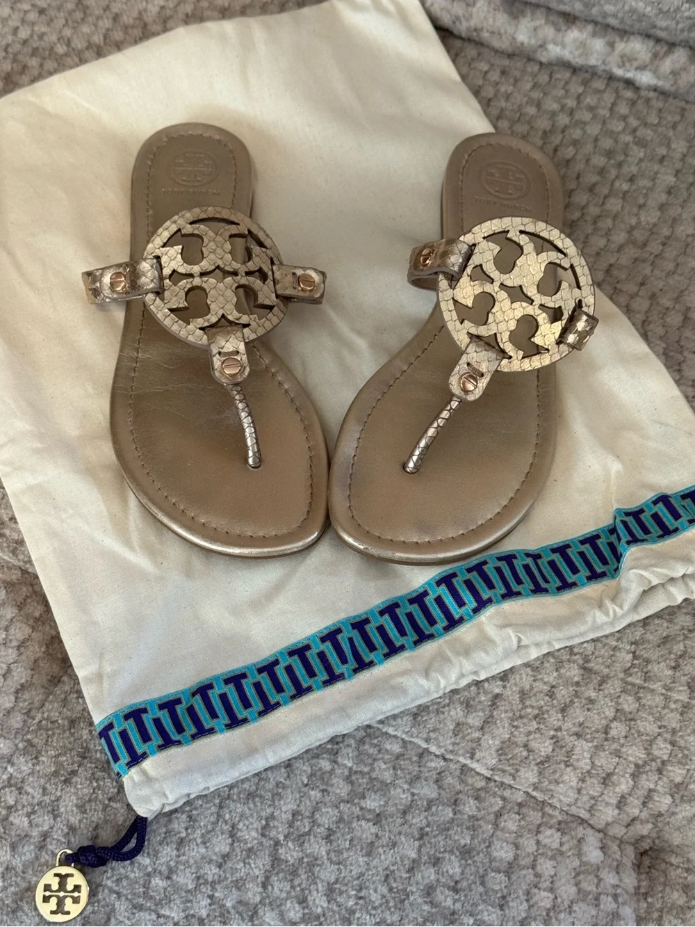 Tory Burch Gold Metallic Logo Thong Sandals